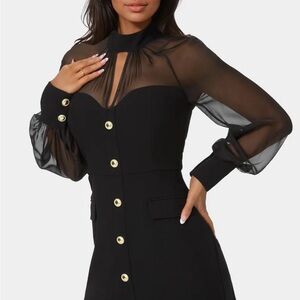 bebe Black Dress with Sheer Sleeves and Gold Buttons